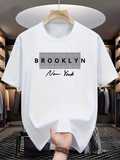 Men's T-Shirt Brooklyn New York Black Grid Letters Front White Tshirt
