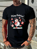 Men's T-Shirt Happy Holidays Playful Snowman With Gifts Falling And Festive Sparkles