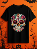 Men's T-Shirt Vibrant Floral Patterns With Gemstones Featuring A Decorative Sugar Skull