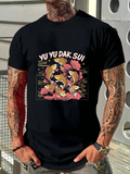 Men's T-Shirt Yu Yu Dak Sui Playful Cartoon Fish School Among Pink Flowers