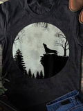 Men's T-Shirt Howling Wolf Silhouetted Under Full Moon With Pine Trees And Cliffside Forest