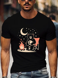 Men's T-Shirt Crescent Moonlit Night With Bear Sitting By Campfire