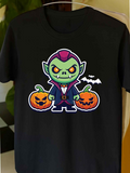 Men's T-Shirt Cartoon Vampire Count With Grinning Pumpkins And Flying Bats Halloween