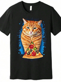 Men's T-Shirt Golden Brown Cat Surrounded By Blue Sparkles With Pizza Slice