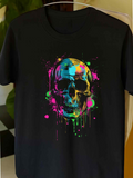 Men's T-Shirt Colorful Paint Splatters With Neon Drips Surrounding A Luminous Skull
