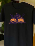 Men's T-Shirt Spooky Night With Glowing Pumpkins Under Haunted House Shadows Pumpkin