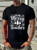 Men's T-Shirt Very Merry Teacher Winter Snow With Pine Trees Surrounded By Falling Snowflakes