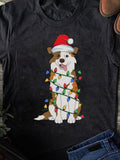 Men's T-Shirt Christmas Lights Wrapping Around Festive Dog With Santa Hat