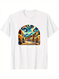 Men's T-Shirt Colorful Curved Rooftops With Swirling Skies And Sunlit Alleyway Street