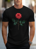 Men's T-Shirt Vivid Realistic Red Petals Stem And Leaves Rose
