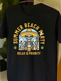 Men's T-Shirt Summer Beach Party Skeleton Wearing Sombrero Drinking Beer Under Palm Tree