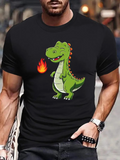 Men's T-Shirt Playful Cartoon Green Dinosaur Breathing Bright Orange Fire