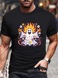 Men's T-Shirt Smiling Cartoon Ghost Surrounded By Flowers And Flaming Orange Hair Ghost