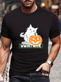 Men's T-Shirt Wwikitwik Eerie Carved Pumpkin With Sitting White Cat