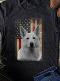 Men's T-Shirt Majestic White Dog With Vintage Faded American Flag Backdrop