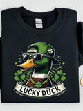 Men's T-Shirt Lucky Duck With Sunglasses Gold Chain Surrounded By Four Leaf Clovers Duck