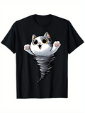 Men's T-Shirt Playful Cartoon Cat Emerging From Whirling Gray Tornado Spiral
