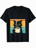 Men's T-Shirt Vintage Sunset With Steaming Coffee Cup And Moody Black Cat