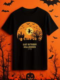 Men's T-Shirt Halloween Party Night With Bats Castle Trees Glowing Full Moon Witch