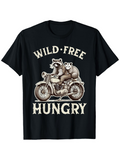 Men's T-Shirt Wild Free Hungry Vintage Style Raccoons Riding Motorcycle Under Bold Letters