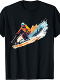 Men's T-Shirt Sunlit Mountain Landscape With Dynamic Snow Trail And Male Skier
