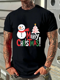 Men's T-Shirt Merry Christmas With Playful Snowman Beside Festive Decorated Christmas Tree