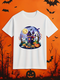 Men's T-Shirt Glowing Full Moon With Haunted House Bats Pumpkins And Autumn Trees