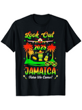 Men's T-Shirt Look Out 2025 Jamaica Here We Come Vibrant Palms Guitar With Drum Under Sunset Scenery