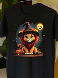 Men's T-Shirt Cute Lion With Halloween Pumpkin Under A Smiling Moonlight Night