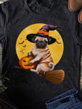 Men's T-Shirt Halloween Night With Pumpkin Witch Hat Flying Pug