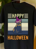 Men's T-Shirt Happy Halloween With Striped Background And Dog Wearing Witch Hat