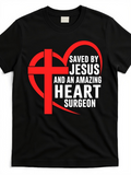 Men's T-Shirt Saved By Jesus Modern Red Heart Cross With Bold Typography