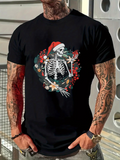 Men's T-Shirt Festive Skeleton With Santa Hat Among Winter Holiday Floral Wreath Skeleton