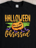 Men's T-Shirt Halloween Obsessed Smiling Pumpkin With Bats And Green Brush Strokes