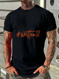 Men's T-Shirt Written Handdrawn Orange Script With Heart Accent On Black T Shirt