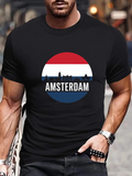 Men's T-Shirt Amsterdam Skyline Inside Red White Blue Circle Featuring Silhouette Cityscape