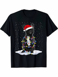 Men's T-Shirt Christmas Lights With Santa Hat On Snowy French Bulldog