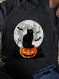 Men's T-Shirt Full Moon Night With Bats And Pumpkin Sitting Black Cat