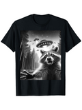 Men's T-Shirt Night Forest With UFO Lights Shining Over Surprised Raccoon