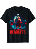 Men's T-Shirt Deadlifts Neon Barbell Strength With Glowing Skulls Surrounding Muscular Figure