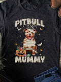 Men's T-Shirt Pitbull Mummy Wrapped In Bandages With Pumpkin Lantern And Halloween Bats Pitbull