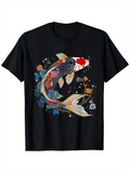 Men's T-Shirt Elegant Watercolor Flowers With Artistic Japanese Style Patterned Koi Fish