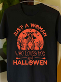 Men's T-Shirt Just A Woman Who Loves Dog And Halloween With Pumpkins And Scary Haunted Tree