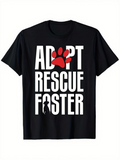 Men's T-Shirt Adopt Rescue Foster Bold White Letters With Red Pawprint And Silhouette Cat