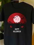 Men's T-Shirt Happy Halloween Red Moon Among Black Flying Bats And Creepy Forest