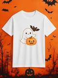 Men's T-Shirt Cute Ghost With Pumpkin Smiling Under Playful Flying Bat