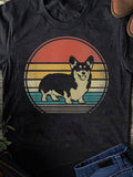Men's T-Shirt Retro Sunset Stripes With Cheerful Smiling Corgi Dog