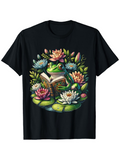 Men's T-Shirt Blooming Water Lilies With Peaceful Frog Reading Surrounded By Colorful Flowers
