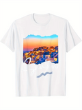 Men's T-Shirt Colorful Sunset Over Coastal White Houses Scenic View