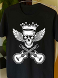 Men's T-Shirt Flying Crowned Skull With Crossed Guitars Over Black Shirt
